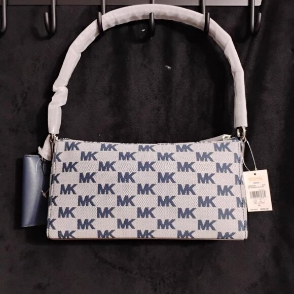 Michael Kors Jacquard & Leather Navy Blue Vincent Pouchette Bag  NWT - Picture 2 of 9